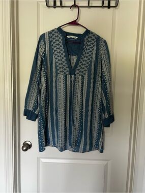 Zara Teal and Ivory Embroidered V-Neck Tunic